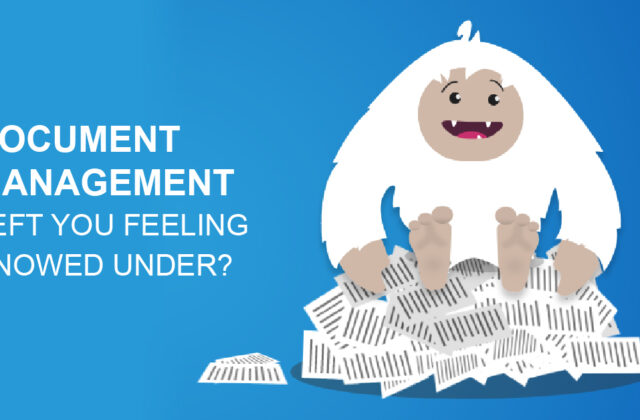 document management left you feeling snowed under? white yeti sitting on pile of paperwork